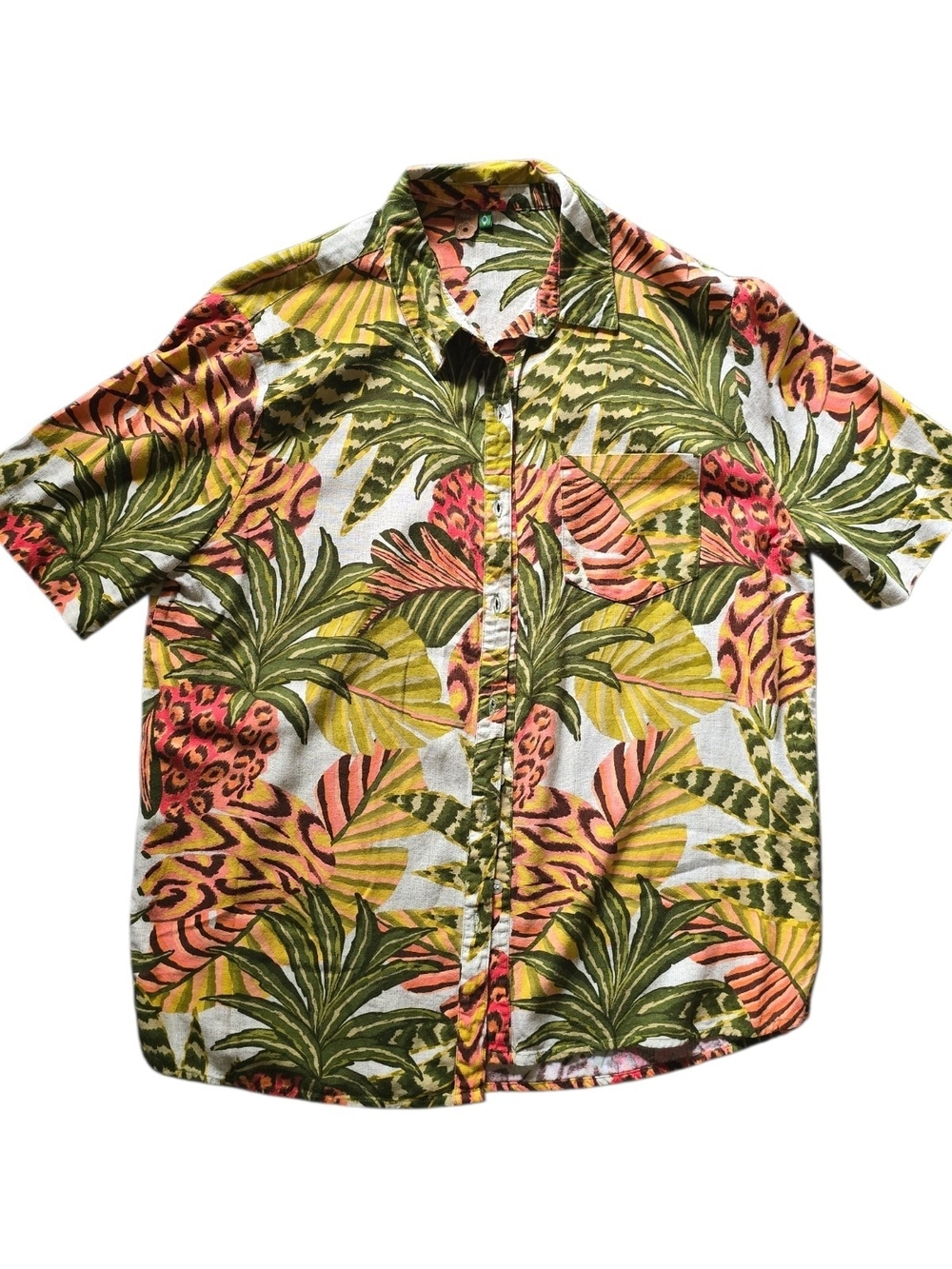 FARM Rio Tropical Leaf Print Button-Up in Green, Pink, Yellow
